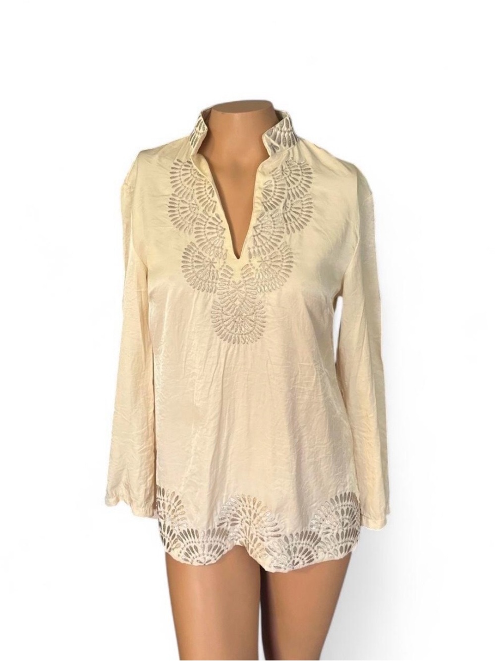 Francesca's Collections Cream/champagne Embroidered V-Neck Tunic